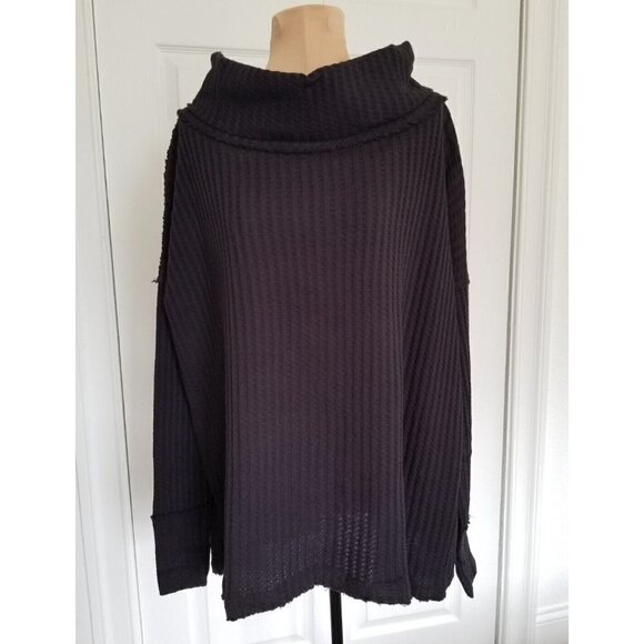 Free People Juicy Long Sleeve Black Waffle Knit Cowl Neck Size XS - Picture 2 of 9